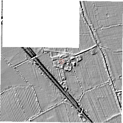 Shaded relief map of the ground around OX251QQ, computed from Environment Agency LiDAR. The ground here sits at about 61 m above sea level and falls 6 m across the surrounding 800 m. Surface water reaching this point runs off ground lying to the east-south-east, 0.8 m higher.