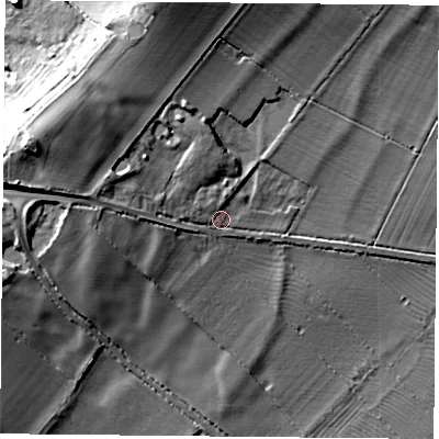 Shaded relief map of the ground around OX251TJ, computed from Environment Agency LiDAR. The ground here sits at about 69 m above sea level and falls 20 m across the surrounding 800 m. Surface water reaching this point runs off ground lying to the west-north-west, 7.8 m higher.
