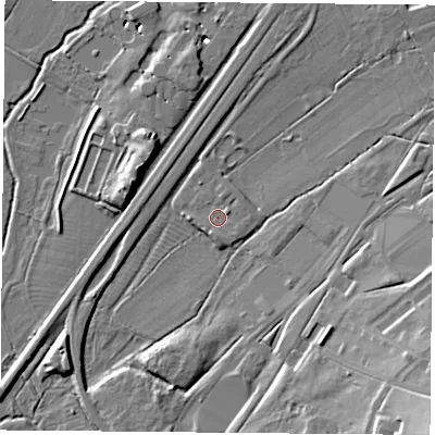 Shaded relief map of the ground around OX252AQ, computed from Environment Agency LiDAR. The ground here sits at about 66 m above sea level and falls 22 m across the surrounding 800 m. Surface water reaching this point runs off ground lying to the east-north-east, 1.4 m higher.
