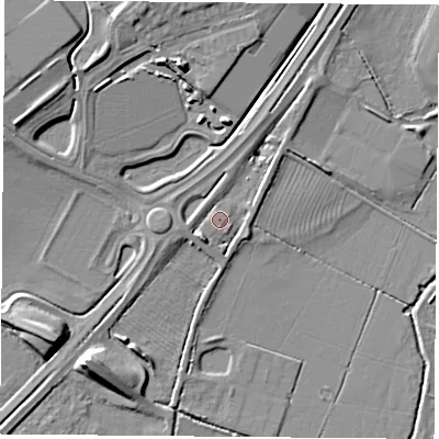 Shaded relief map of the ground around OX252BX, computed from Environment Agency LiDAR. The ground here sits at about 66 m above sea level and falls 10 m across the surrounding 800 m. Surface water reaching this point runs off ground lying to the south-south-west, 3.2 m higher.