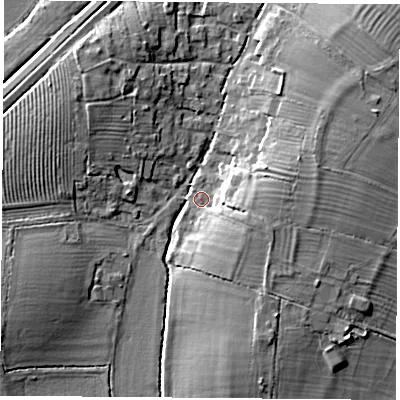 Shaded relief map of the ground around OX252JY, computed from Environment Agency LiDAR. The ground here sits at about 63 m above sea level and falls 9 m across the surrounding 800 m. Surface water reaching this point runs off ground lying to the east-south-east, 5.4 m higher.