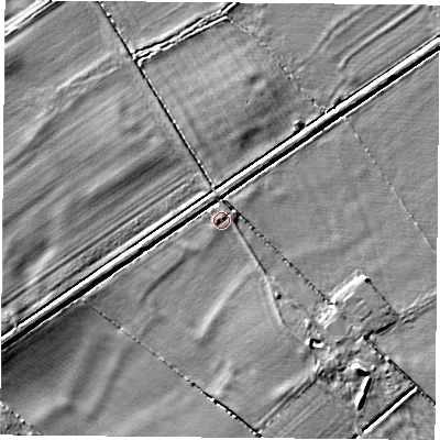 Shaded relief map of the ground around OX252ND, computed from Environment Agency LiDAR. The ground here sits at about 61 m above sea level and falls 6 m across the surrounding 800 m. Surface water reaching this point runs off ground lying to the north-east, 0.8 m higher.