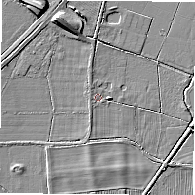 Shaded relief map of the ground around OX252PA, computed from Environment Agency LiDAR. The ground here sits at about 65 m above sea level and falls 11 m across the surrounding 800 m. Surface water reaching this point runs off ground lying to the west, 0.9 m higher.
