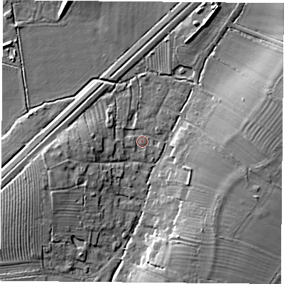 Shaded relief map of the ground around OX252PB, computed from Environment Agency LiDAR. The ground here sits at about 63 m above sea level and falls 9 m across the surrounding 800 m. Surface water reaching this point runs off ground lying to the west, 4.6 m higher.
