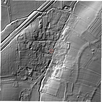 Shaded relief map of the ground around OX252PW, computed from Environment Agency LiDAR. The ground here sits at about 63 m above sea level and falls 9 m across the surrounding 800 m. Surface water reaching this point runs off ground lying to the east-north-east, 7.9 m higher.