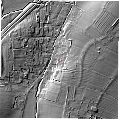 Shaded relief map of the ground around OX252QB, computed from Environment Agency LiDAR. The ground here sits at about 64 m above sea level and falls 9 m across the surrounding 800 m. Surface water reaching this point runs off ground lying to the east-south-east, 4.8 m higher.