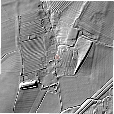 Shaded relief map of the ground around OX253PD, computed from Environment Agency LiDAR. The ground here sits at about 67 m above sea level and falls 14 m across the surrounding 800 m. Surface water reaching this point runs off ground lying to the north-north-east, 6.8 m higher.