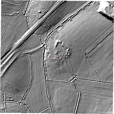 Shaded relief map of the ground around OX253QE, computed from Environment Agency LiDAR. The ground here sits at about 65 m above sea level and falls 12 m across the surrounding 800 m. Surface water reaching this point runs off ground lying to the north-east, 1.4 m higher.