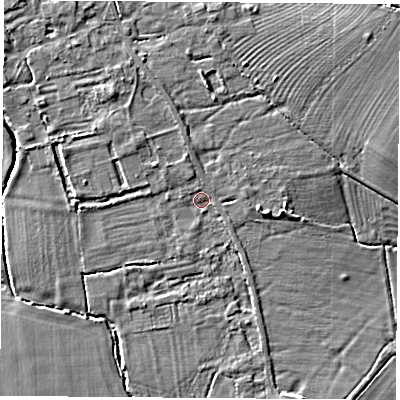 Shaded relief map of the ground around OX253QL, computed from Environment Agency LiDAR. The ground here sits at about 70 m above sea level and falls 7 m across the surrounding 800 m. Surface water reaching this point runs off ground lying to the north-west, 1.9 m higher.