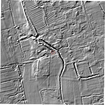 Shaded relief map of the ground around OX253QS, computed from Environment Agency LiDAR. The ground here sits at about 71 m above sea level and falls 6 m across the surrounding 800 m. Surface water reaching this point runs off ground lying to the north-west, 4.6 m higher.