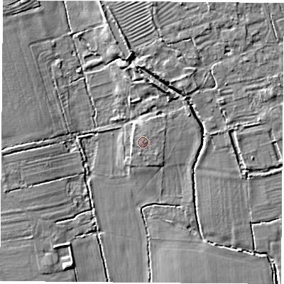Shaded relief map of the ground around OX253QT, computed from Environment Agency LiDAR. The ground here sits at about 71 m above sea level and falls 7 m across the surrounding 800 m. Surface water reaching this point runs off ground lying to the east-north-east, 0.7 m higher.