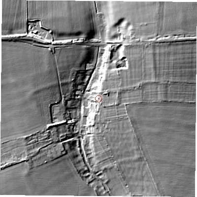 Shaded relief map of the ground around OX254NE, computed from Environment Agency LiDAR. The ground here sits at about 110 m above sea level and falls 13 m across the surrounding 800 m. Surface water reaching this point runs off ground lying to the east, 3.3 m higher.