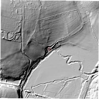 Shaded relief map of the ground around OX254SW, computed from Environment Agency LiDAR. The ground here sits at about 73 m above sea level and falls 47 m across the surrounding 800 m. Surface water reaching this point runs off ground lying to the north-west, 46.2 m higher.