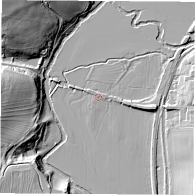 Shaded relief map of the ground around OX255PB, computed from Environment Agency LiDAR. The ground here sits at about 72 m above sea level and falls 36 m across the surrounding 800 m. Surface water reaching this point runs off ground lying to the east, 7.4 m higher.