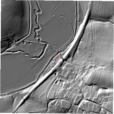 Shaded relief map of the ground around OX256ND, computed from Environment Agency LiDAR. The ground here sits at about 78 m above sea level and falls 47 m across the surrounding 800 m. Surface water reaching this point runs off ground lying to the south-east, 8.2 m higher.