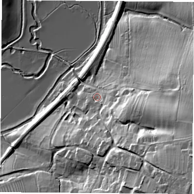 Shaded relief map of the ground around OX256NE, computed from Environment Agency LiDAR. The ground here sits at about 86 m above sea level and falls 53 m across the surrounding 800 m. Surface water reaching this point runs off ground lying to the south-east, 43.6 m higher.