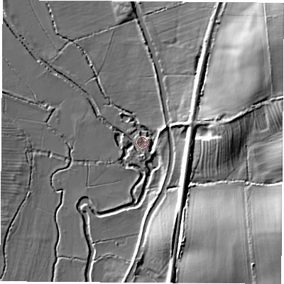 Shaded relief map of the ground around OX256NL, computed from Environment Agency LiDAR. The ground here sits at about 76 m above sea level and falls 21 m across the surrounding 800 m. Surface water reaching this point runs off ground lying to the east-north-east, 5.3 m higher.