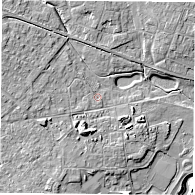 Shaded relief map of the ground around OX261BS, computed from Environment Agency LiDAR. The ground here sits at about 72 m above sea level and falls 12 m across the surrounding 800 m. Surface water reaching this point runs off ground lying to the west-north-west, 3.3 m higher.