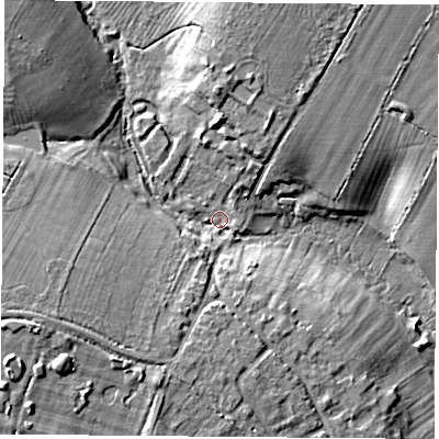 Shaded relief map of the ground around OX261UF, computed from Environment Agency LiDAR. The ground here sits at about 72 m above sea level and falls 13 m across the surrounding 800 m. Surface water reaching this point runs off ground lying to the south-south-west, 6.7 m higher.