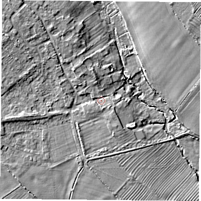 Shaded relief map of the ground around OX261UX, computed from Environment Agency LiDAR. The ground here sits at about 73 m above sea level and falls 12 m across the surrounding 800 m. Surface water reaching this point runs off ground lying to the north-west, 6.4 m higher.