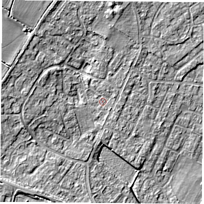 Shaded relief map of the ground around OX262LZ, computed from Environment Agency LiDAR. The ground here sits at about 79 m above sea level and falls 11 m across the surrounding 800 m. Surface water reaching this point runs off ground lying to the north, 3.7 m higher.