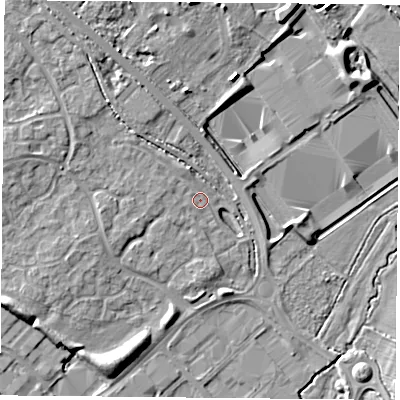 Shaded relief map of the ground around OX264AD, computed from Environment Agency LiDAR. The ground here sits at about 71 m above sea level and falls 9 m across the surrounding 800 m. Surface water reaching this point runs off ground lying to the north-west, 1.3 m higher.
