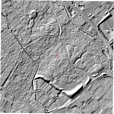 Shaded relief map of the ground around OX264FD, computed from Environment Agency LiDAR. The ground here sits at about 73 m above sea level and falls 9 m across the surrounding 800 m. Surface water reaching this point runs off ground lying to the east-south-east, 0.7 m higher.