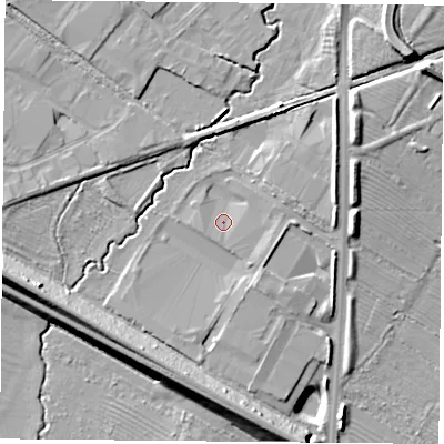 Shaded relief map of the ground around OX264ST, computed from Environment Agency LiDAR. The ground here sits at about 68 m above sea level and falls 14 m across the surrounding 800 m. Surface water reaching this point runs off ground lying to the east, 2.4 m higher.