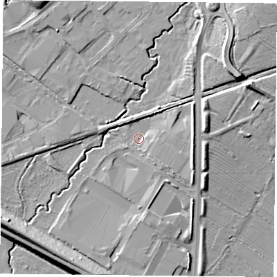 Shaded relief map of the ground around OX264SW, computed from Environment Agency LiDAR. The ground here sits at about 68 m above sea level and falls 11 m across the surrounding 800 m. Surface water reaching this point runs off ground lying to the east-south-east, 1.9 m higher.
