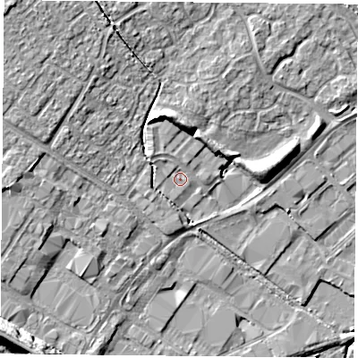 Shaded relief map of the ground around OX264UL, computed from Environment Agency LiDAR. The ground here sits at about 71 m above sea level and falls 13 m across the surrounding 800 m. Surface water reaching this point runs off ground lying to the north-west, 1.0 m higher.