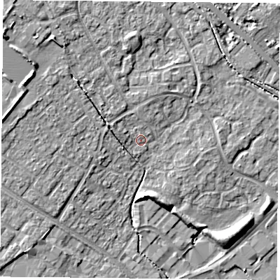 Shaded relief map of the ground around OX264YG, computed from Environment Agency LiDAR. The ground here sits at about 73 m above sea level and falls 10 m across the surrounding 800 m. Surface water reaching this point runs off ground lying to the west-north-west, 2.4 m higher.