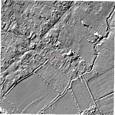 Shaded relief map of the ground around OX265DA, computed from Environment Agency LiDAR. The ground here sits at about 64 m above sea level and falls 9 m across the surrounding 800 m. Surface water reaching this point runs off ground lying to the north-west, 3.3 m higher.