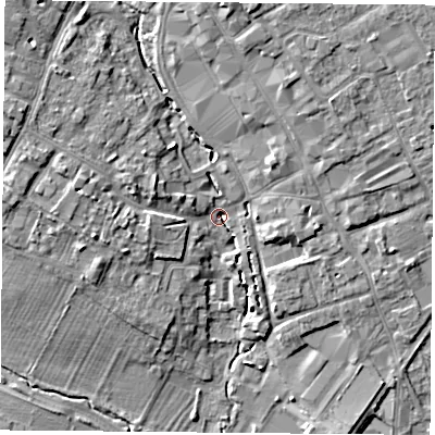 Shaded relief map of the ground around OX266AN, computed from Environment Agency LiDAR. The ground here sits at about 69 m above sea level and falls 9 m across the surrounding 800 m. Surface water reaching this point runs off ground lying to the west-north-west, 5.3 m higher.