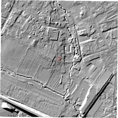 Shaded relief map of the ground around OX266AU, computed from Environment Agency LiDAR. The ground here sits at about 70 m above sea level and falls 10 m across the surrounding 800 m. Surface water reaching this point runs off ground lying to the north-west, 4.1 m higher.