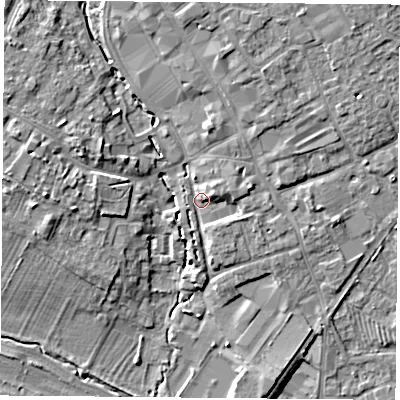 Shaded relief map of the ground around OX266BD, computed from Environment Agency LiDAR. The ground here sits at about 70 m above sea level and falls 8 m across the surrounding 800 m. Surface water reaching this point runs off ground lying to the north, 3.8 m higher.