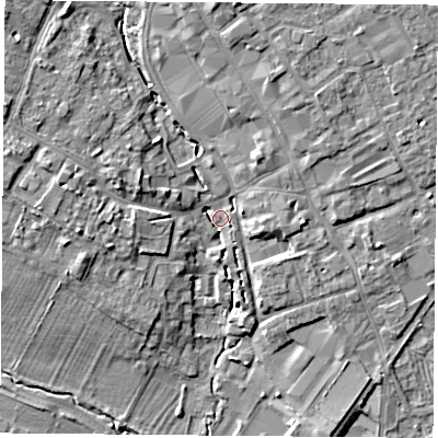 Shaded relief map of the ground around OX266BS, computed from Environment Agency LiDAR. The ground here sits at about 70 m above sea level and falls 9 m across the surrounding 800 m. Surface water reaching this point runs off ground lying to the north-west, 6.2 m higher.