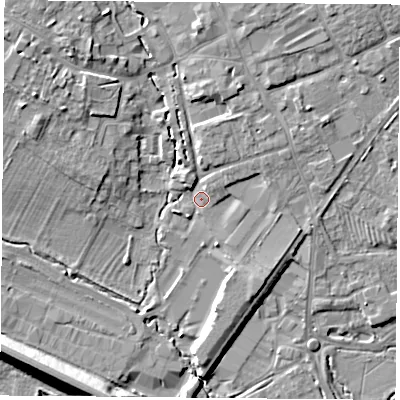 Shaded relief map of the ground around OX266ET, computed from Environment Agency LiDAR. The ground here sits at about 69 m above sea level and falls 9 m across the surrounding 800 m. Surface water reaching this point runs off ground lying to the north, 4.1 m higher.