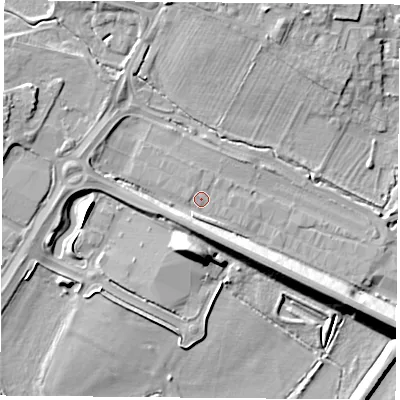 Shaded relief map of the ground around OX266EU, computed from Environment Agency LiDAR. The ground here sits at about 68 m above sea level and falls 11 m across the surrounding 800 m. Surface water reaching this point runs off ground lying to the south-south-west, 4.6 m higher.
