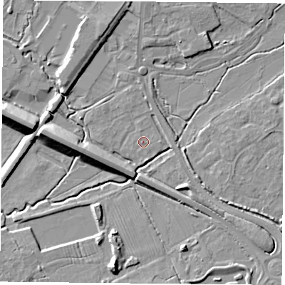 Shaded relief map of the ground around OX266FY, computed from Environment Agency LiDAR. The ground here sits at about 67 m above sea level and falls 10 m across the surrounding 800 m. Surface water reaching this point runs off ground lying to the east, 0.6 m higher.