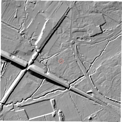 Shaded relief map of the ground around OX266FZ, computed from Environment Agency LiDAR. The ground here sits at about 66 m above sea level and falls 10 m across the surrounding 800 m. Surface water reaching this point runs off ground lying to the west-north-west, 0.7 m higher.