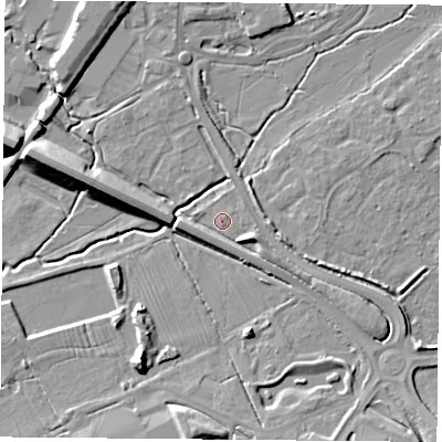 Shaded relief map of the ground around OX266HG, computed from Environment Agency LiDAR. The ground here sits at about 67 m above sea level and falls 10 m across the surrounding 800 m. Surface water reaching this point runs off ground lying to the south-east, 4.8 m higher.