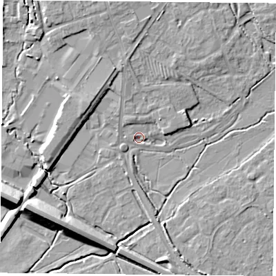 Shaded relief map of the ground around OX266UH, computed from Environment Agency LiDAR. The ground here sits at about 66 m above sea level and falls 10 m across the surrounding 800 m. Surface water reaching this point runs off ground lying to the north-north-west, 5.0 m higher.