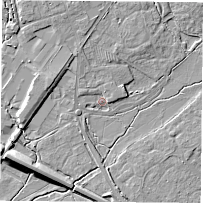 Shaded relief map of the ground around OX266UJ, computed from Environment Agency LiDAR. The ground here sits at about 67 m above sea level and falls 10 m across the surrounding 800 m. Surface water reaching this point runs off ground lying to the north-north-west, 4.1 m higher.