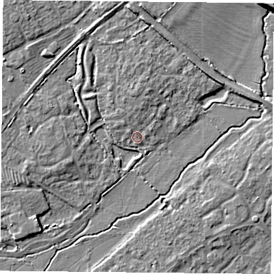 Shaded relief map of the ground around OX266UU, computed from Environment Agency LiDAR. The ground here sits at about 67 m above sea level and falls 8 m across the surrounding 800 m. Surface water reaching this point runs off ground lying to the north, 2.5 m higher.