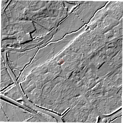 Shaded relief map of the ground around OX266XW, computed from Environment Agency LiDAR. The ground here sits at about 67 m above sea level and falls 6 m across the surrounding 800 m. Surface water reaching this point runs off ground lying to the east-north-east, 1.0 m higher.