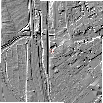 Shaded relief map of the ground around OX26AQ, computed from Environment Agency LiDAR. The ground here sits at about 58 m above sea level and falls 8 m across the surrounding 800 m. Surface water reaching this point runs off ground lying to the east-north-east, 5.7 m higher.