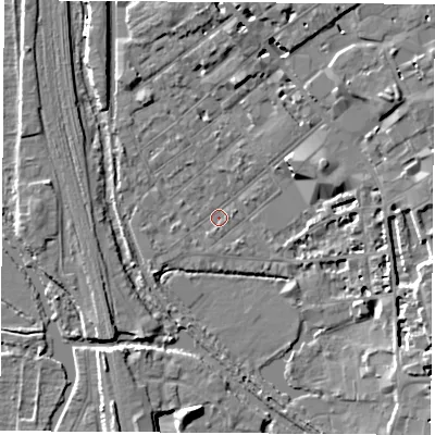 Shaded relief map of the ground around OX26AU, computed from Environment Agency LiDAR. The ground here sits at about 57 m above sea level and falls 9 m across the surrounding 800 m. Surface water reaching this point runs off ground lying to the south-south-west, 0.9 m higher.