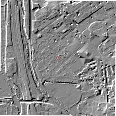 Shaded relief map of the ground around OX26AZ, computed from Environment Agency LiDAR. The ground here sits at about 58 m above sea level and falls 9 m across the surrounding 800 m. Surface water reaching this point runs off ground lying to the east-north-east, 7.6 m higher.