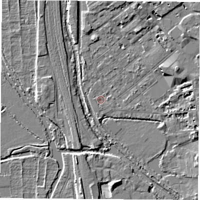 Shaded relief map of the ground around OX26BG, computed from Environment Agency LiDAR. The ground here sits at about 58 m above sea level and falls 8 m across the surrounding 800 m. Surface water reaching this point runs off ground lying to the east, 0.9 m higher.