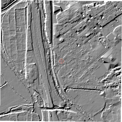 Shaded relief map of the ground around OX26BH, computed from Environment Agency LiDAR. The ground here sits at about 58 m above sea level and falls 9 m across the surrounding 800 m. Surface water reaching this point runs off ground lying to the north-north-east, 6.1 m higher.